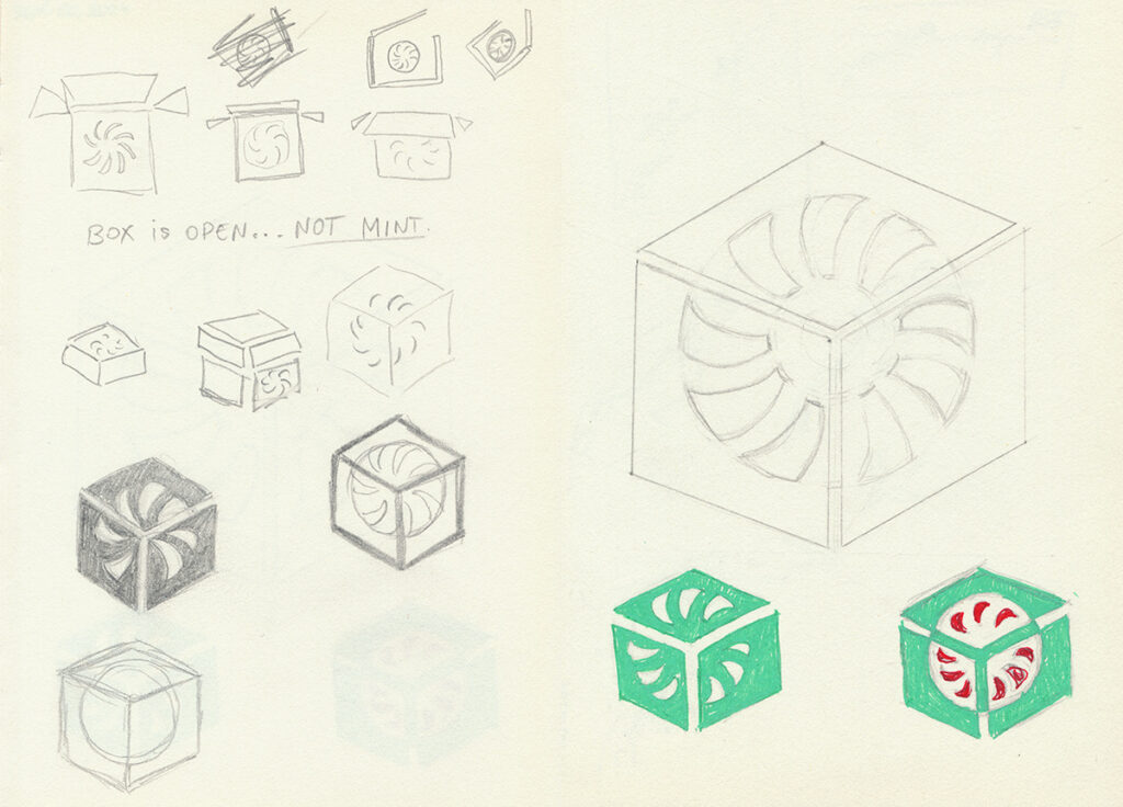 Initial pencil sketches of the symbol, each version becoming slightly more defined, and in the end there are two versions of the sketches made in pen, in mint green and red.