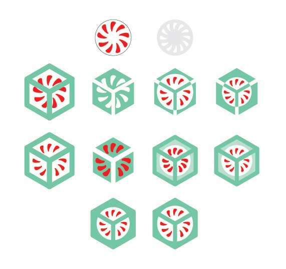 Twelve different versions of the symbol combining a graphic depiction of a mint green cube and a peppermint (white circle with white specks around the edges), each a bit more defined than the previous one.