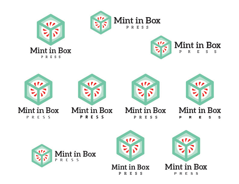 Multiple versions of the Mint in Box Press logo, where the word "Press" is shown in different placements and formatting, illustrating the process of developing the logo.