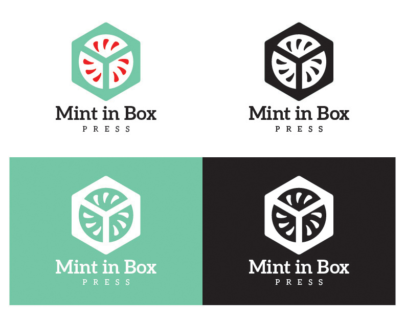 Mint in Box Press final logo in full color, in black and white, and in negative (all white over mint green background, and all white over a black background).