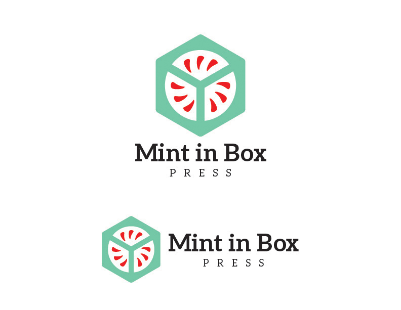 Mint in Box Press logo, in both vertical and horizontal signatures. The symbol is a mint green hexagon with lines in its center to give the idea of a cube; there is a white circle with red specks that make it look like a peppermint that looks like it is inside the mint green cube. Below the symbol, the text "Mint in Box" is shown in black, bold, serif letters, and below this, much smaller, is the word "Press".